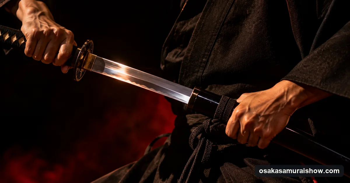 A katana half-drawn from its scabbard under a single stage light, the moment an Osaka samurai show is built around