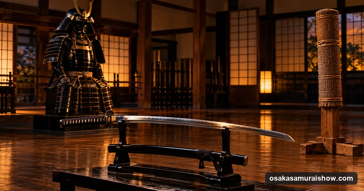 A katana on a lacquered stand in a wooden dojo, with samurai armour and a rolled straw cutting target behind it