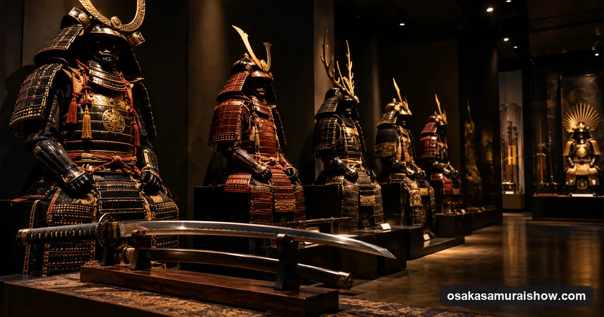 A hall of samurai armour on stands under spotlights, the kind of display the Osaka samurai museums put on
