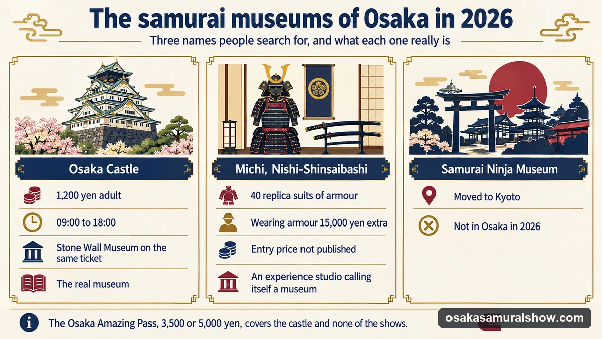 Infographic of Osaka's three samurai museum names in 2026: Osaka Castle at 1,200 yen, the Michi armour studio in Nishi-Shinsaibashi, and the Samurai Ninja Museum that moved to Kyoto