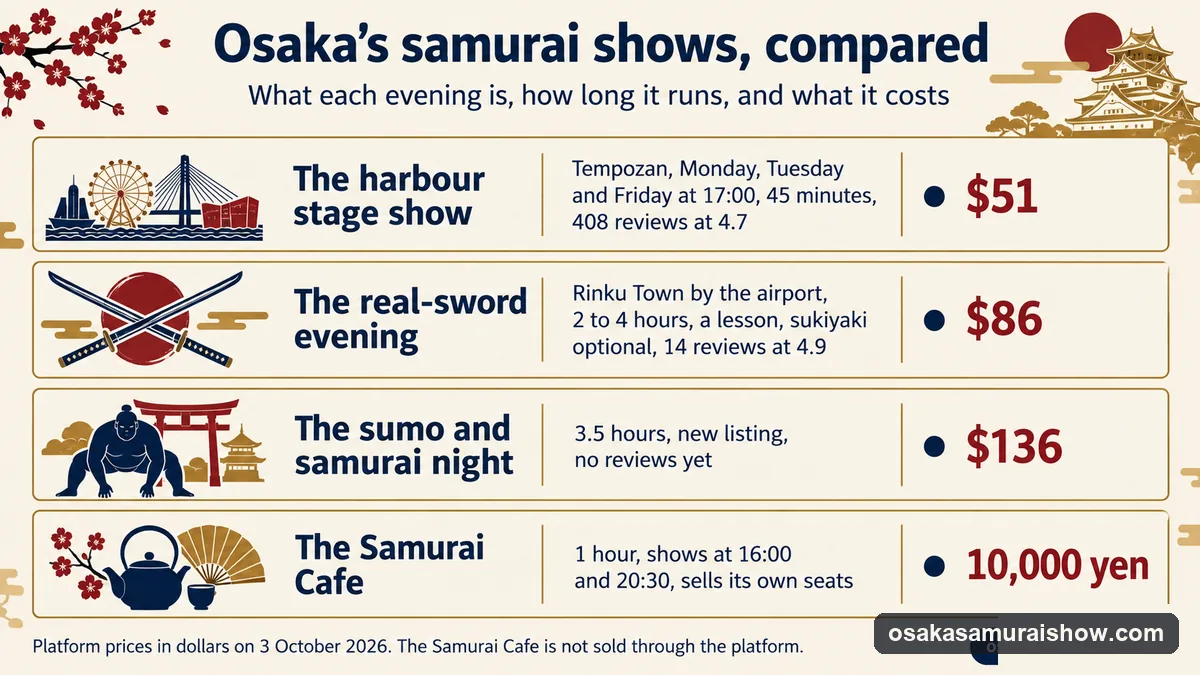 Infographic comparing Osaka's samurai shows: the harbour stage show at $51, the real-sword evening at $86, the sumo and samurai night at $136, and the Samurai Cafe at 10,000 yen