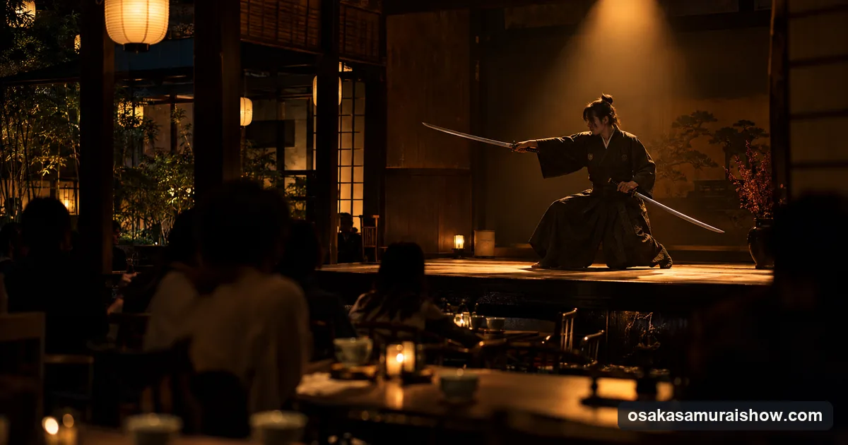 A sword performer on a small cafe stage in Osaka under a single warm spotlight, with cafe tables in the foreground