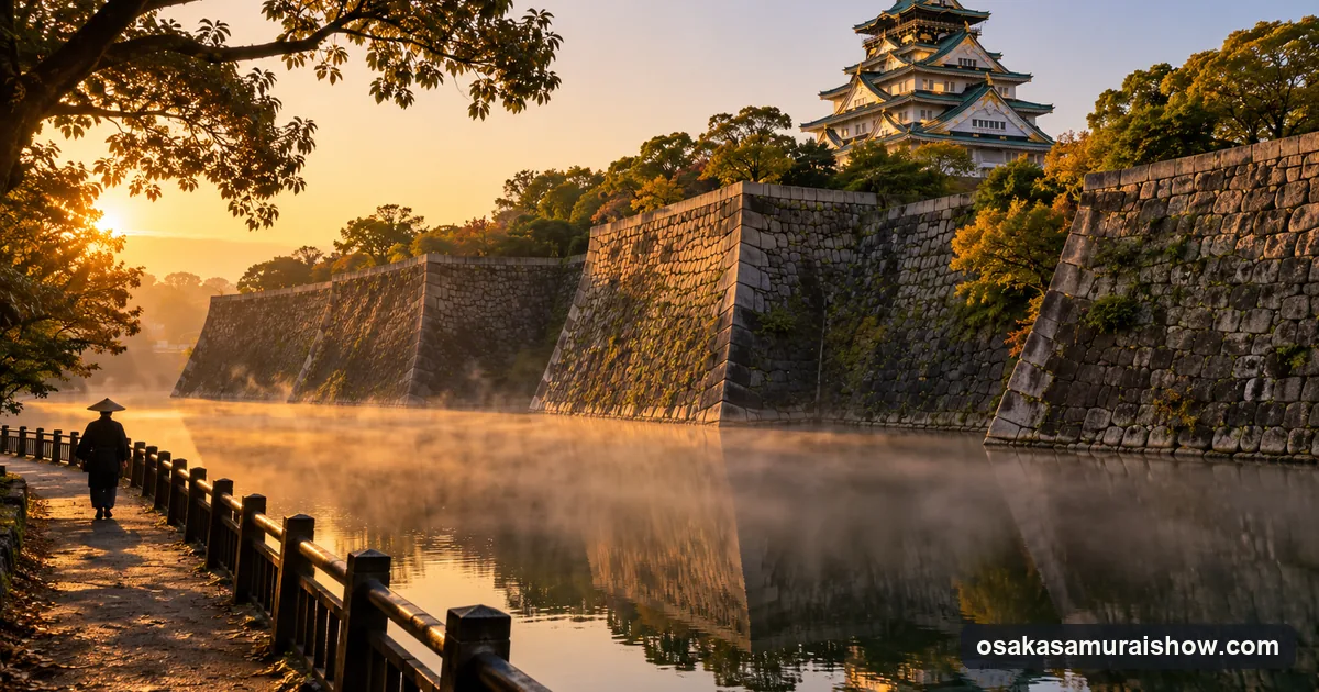 The stone walls and moat of Osaka Castle in the morning, where the siege of 1614 to 1615 ended the samurai age in Osaka