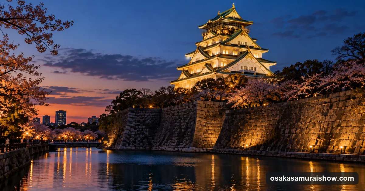 Osaka Castle lit at dusk across its moat, the backdrop to Osaka's samurai story against Tokyo's Shinjuku shows